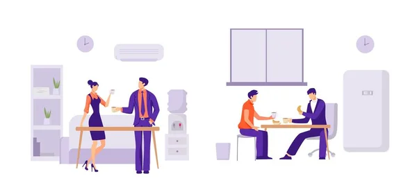 Déjeuner de collègues en illustration de bureau. Les employés de l'entreprise prennent le petit déjeuner dans la salle à manger de l'entreprise. — Image vectorielle
