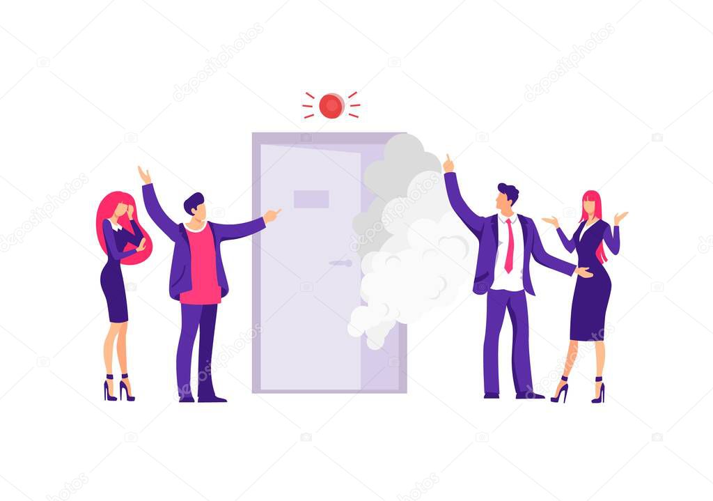 Fire in an office building illustration. Group of characters employees are standing in panic.