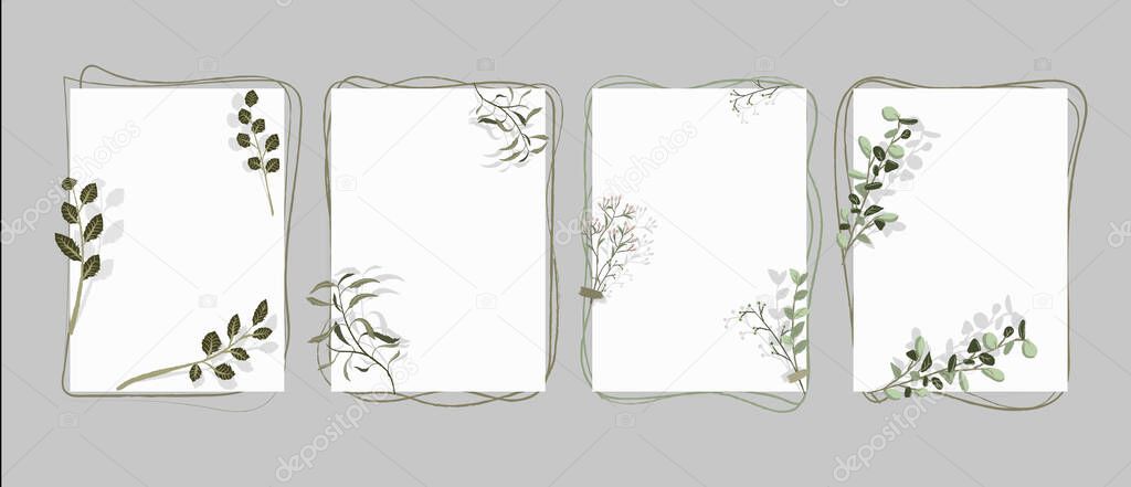 A4 paper sheets with plants. Vertical template entwined with stems green leaves.