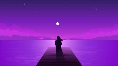 Gece silueti, dolunayı olan yalnız bir kız. Yalnız hayalperest kadın ay ile mor gökyüzüne bakıyor..