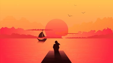 Günbatımında yalnız kadın silueti. Yalnız hayalperest kız yelkenli bir gemiyle turuncu gün batımına bakıyor..