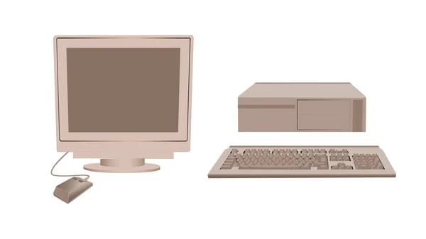Computador pessoal retro. Um monitor clássico de gadget colorido de café antigo com um mouse desatualizado . — Vetor de Stock
