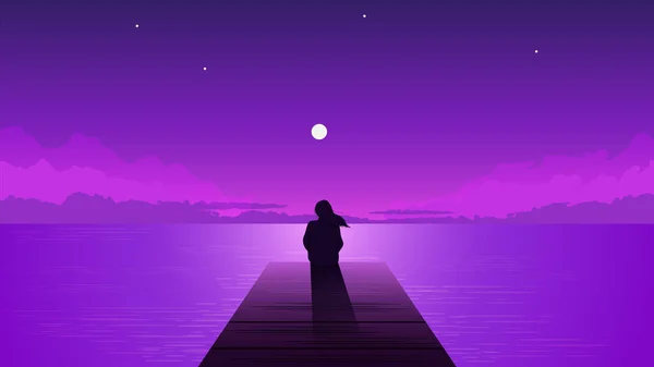 Silhueta noite menina solitária com lua nascente. Sozinha mulher sonhadora olhando para o céu roxo com lua . —  Vetores de Stock
