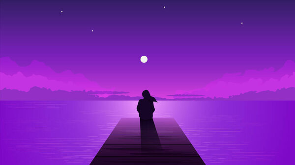 Night silhouette lonely girl with rising moon. Alone dreamy woman looking at purple sky with moon.