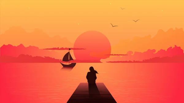 Osamělá silueta ženy při západu slunce. Sama zasněná dívka dívá na oranžový západ slunce s plachetnicí. — Stockový vektor