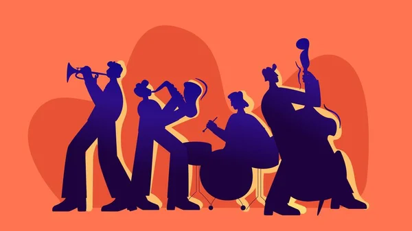 Musiciens jouant illustration de jazz. Groupe de personnages interprètent de la musique jazz sur des saxophones. — Image vectorielle