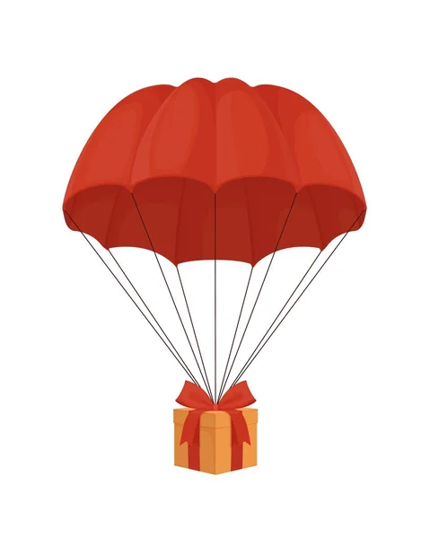 降落伞上的礼品盒在一个优雅的穹顶下，用红丝带从天空中飘落，令人惊奇. — 图库矢量图片
