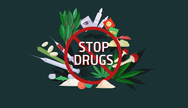 Zatrzymaj plakat z narkotykami. Niebezpieczeństwo zażywania narkotyków nadużywanie amfetaminy kokainowej. — Wektor stockowy