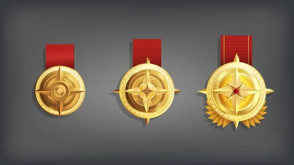 Clasificado juego de medallas de dibujos animados. Símbolo de logro y victoria de la insignia . — Vector de stock