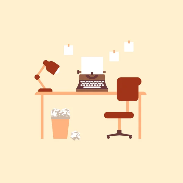 Writers desk with typewriter. Retro printing equipment with blank sheet comfortable chair and lamp on table. — Stock Vector