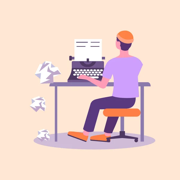 Screenwriter editor at typewriter. Male character typing text on retro equipment crumpled sheets of paper flying to floor . — Stock Vector