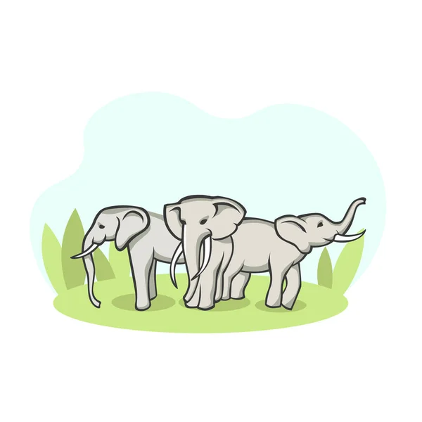 Manada de elefantes en el prado. Grupo de animales salvajes de pie en pastos verdes. — Archivo Imágenes Vectoriales