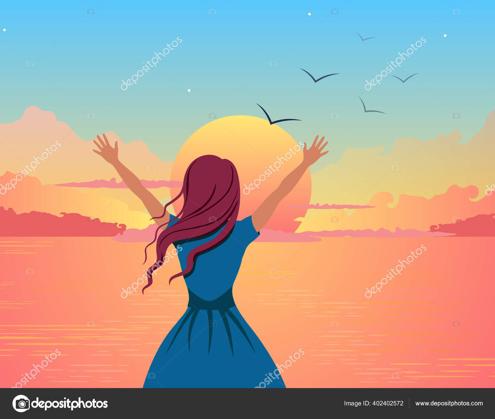 Girl joyfully greets sunset illustration. Beautiful cartoon girl on  background of orange sea raises her hands up. Stock Vector Image by  ©pegasustudio #402402572