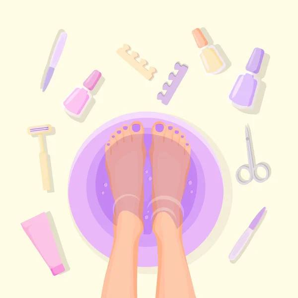 Foot pedicure illustration. Female feet in pelvis and set of items for spa procedures. — Stock Vector