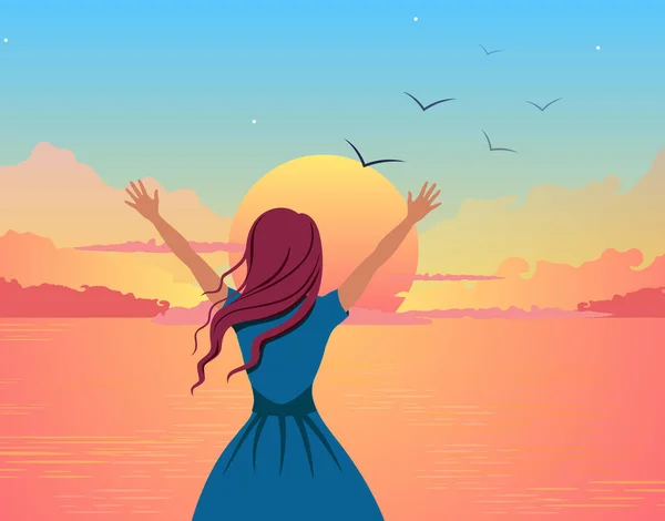 Dívka radostně vítá obrázek západu slunce. Krásná kreslená dívka na pozadí oranžového moře zvedne ruce nahoru. — Stockový vektor