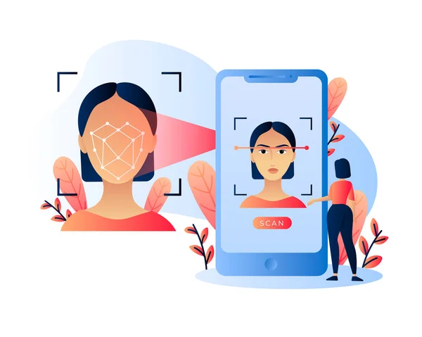 Személyazonosság felismerés biometrikus és szkennelés. A személyes adatok arcába való behatolás elleni védelem. — Stock Vector