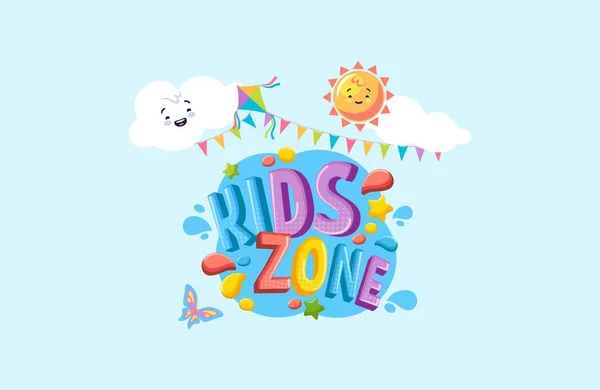 Kids Zone spielen Banner. Spielplatz für Kinder mit Spielen und Cartoons bunte fröhliche Ort. — Stockvektor