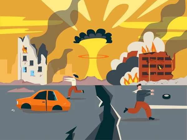 Juízo Final na ilustração arruinada da cidade. Últimos dias de apocalipse explosão nuclear com estrada dividida cidade. —  Vetores de Stock