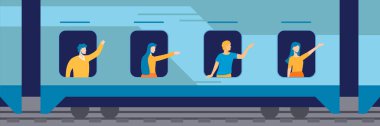 Tren resimlerinin pencerelerindeki insanlar. Mutlu karakterler, ellerini onları peron üzerinden uğurlayanlara sallıyor..