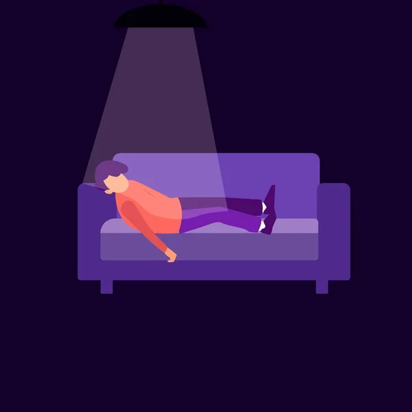 Worker procrastination project for later concept. Lazy character works with puts off lack discipline sleeping couch. — Stock Vector