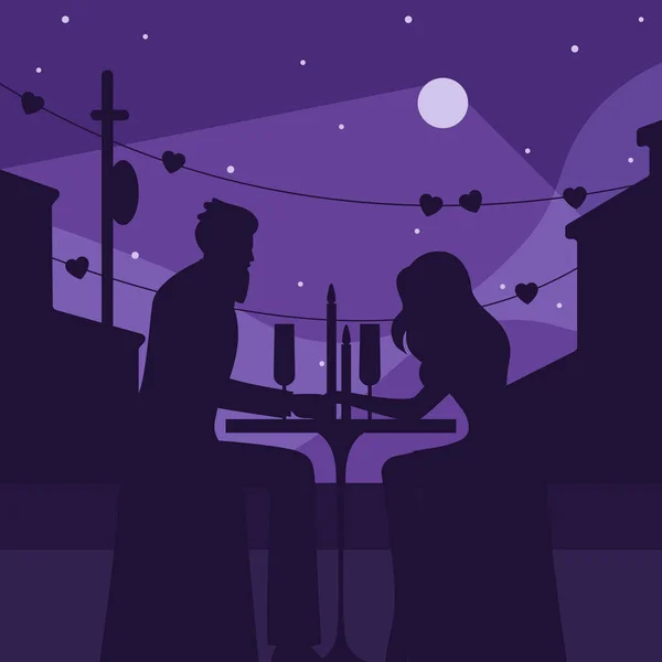 Cena romántica con ilustración de silueta lunar. Personajes enamorados sentarse mesa restaurante con velas en zona abierta. — Vector de stock
