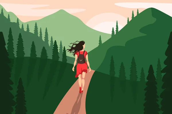 女性の森の道路のイラストを歩く。赤いドレスとバックパック旅行の女性の文字. — ストックベクタ