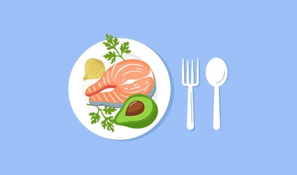 Placa de cena vista superior. Filete de salmón frito jugoso mitad de un apetitoso aguacate verde servido con ensalada. — Vector de stock