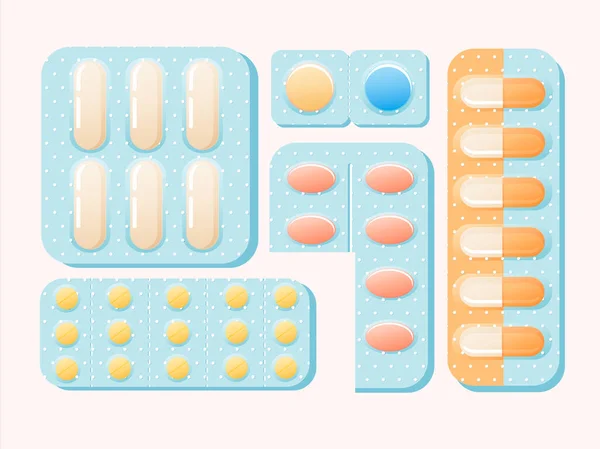 Blistry s pilulkami a kapsle ilustrace. Léčivé bolesti úlevu silné antibiotika červená malá žlutá sedativa. — Stockový vektor