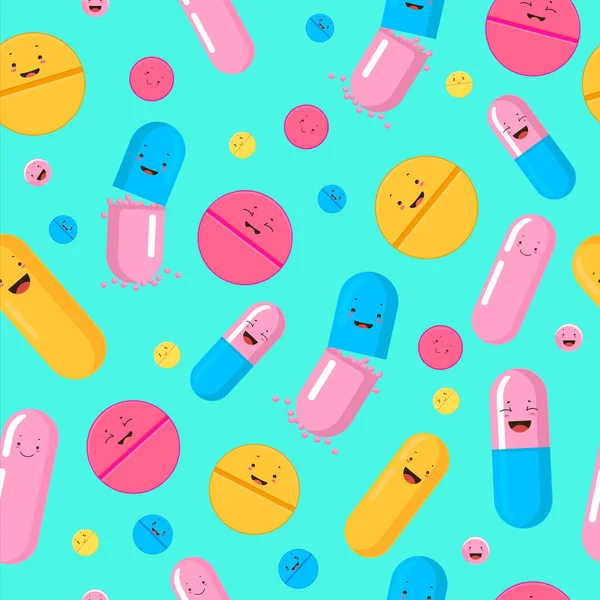 Pillole divertenti modello senza soluzione di continuità. Rosso giallo carino sorridente medicinali rosa blu capsule antibiotiche. — Vettoriale Stock