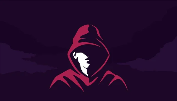 Mystiek silhouet van acharacter in hoodie. Mysterieuze cyber hacker rode sweater in de schemering. — Stockvector