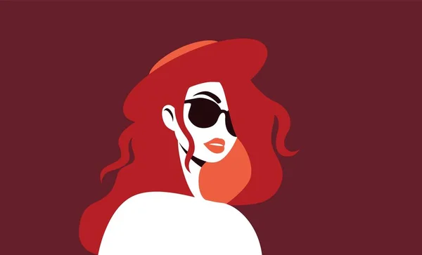 サングラスの謎の女性。スタイリッシュなセクシー女の子とともに赤い髪と帽子楽しみ. — ストックベクタ