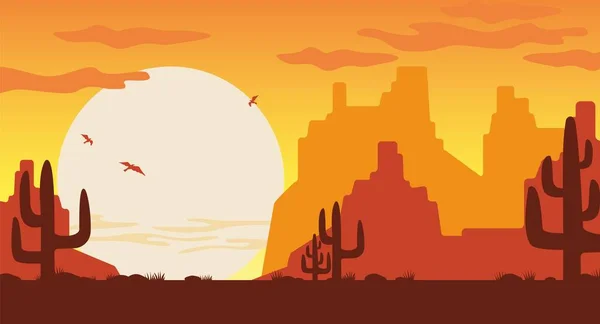 Divoký západ při západu slunce ilustrace. Pomerančové siluety Arizonských hor hnědé kaktusy. — Stockový vektor