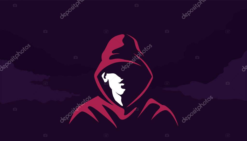 Mystical silhouette of acharacter in hoodie . Mysterious cyber hacker red sweatshirt in twilight criminal rapper with scornful smile criminal city districts and vector gangs.