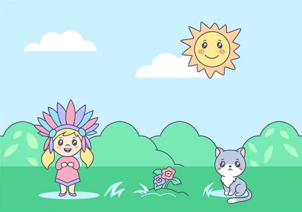 Enfant indien avec chaton sur l'illustration de pelouse anime d'été. Joyeux dessin animé enfant avec des plumes colorées coiffe jouer avec chat heureux. — Image vectorielle
