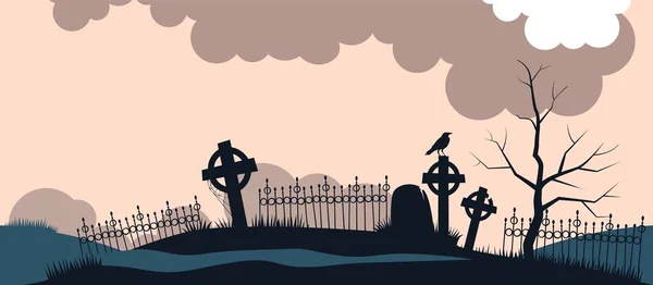 夜明けの背景にある古代の墓地。古い十字架と墓石のシルエットで座っているレイヴン破壊フェンス. — ストックベクタ