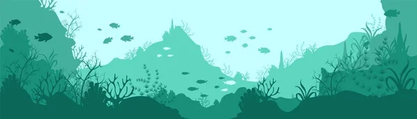 緑の水中世界のシルエットの背景。岩山で育つ深海サンゴ｜熱帯魚. — ストックベクタ