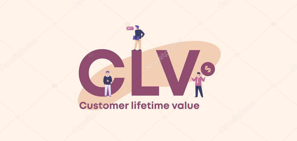 CLV customer lifetime value. Technology of ecommerce trade and successful financial income distribution.