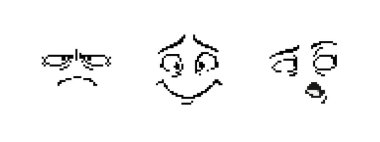 Piksel sanat yüzleri, çeşitli duyguları gösteriyor, nostaljik bir geçmişe dönük 8 bit tarzında tasarlanmış..