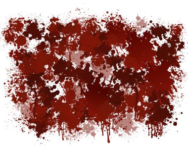 Dramatic abstract background featuring intense red blood splatters and drips on a textured surface.