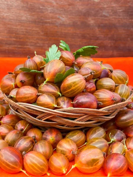 Ripe Red Gooseberries Basket Abstract Surface Concept Proper Nutrition Agriculture — Stock Photo, Image