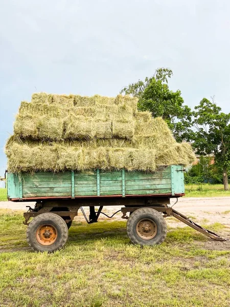 乾燥した草の俵を持つ大きなトレーラー 農業の概念 — ストック写真