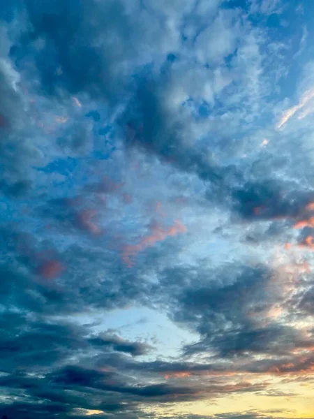 Blue sky with white clouds at sunset in summer time.Free space.