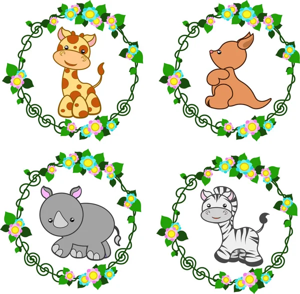 Vier Felle Gestileerde Dieren Een Ronde Bloemen Frame Vector — Stockvector