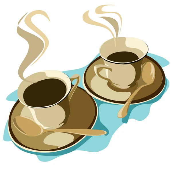 Two Cups Hot Coffee Tea Saucers Spoons Brown Tones Vector — Stock Vector