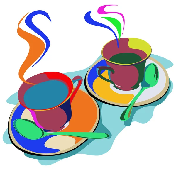 Two Cups Hot Drink Spoons Abstract Coloring — Stock Vector
