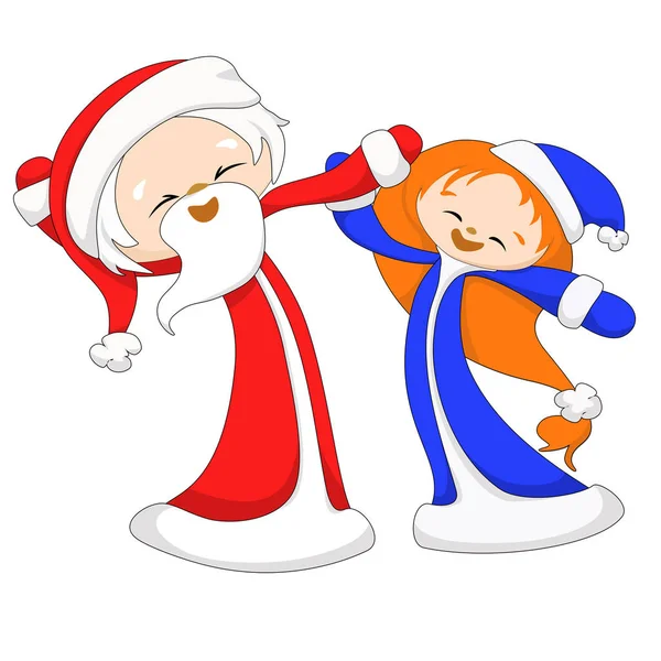 Cheerful Dancing Grandfather Frost Red Clothes Snow Maiden Blue Clothes — Stock Photo, Image