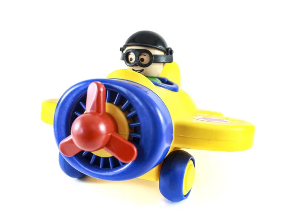Avião Brinquedo Com Hélice Com Piloto Sobre Fundo Branco Cores — Fotografia de Stock