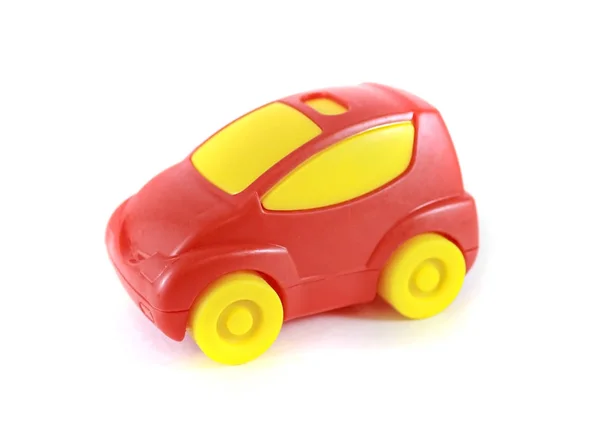 Красный Пластиковый Игрушечный Автомобиль Желтыми Колесами Окнами Белом Фоне — стоковое фото