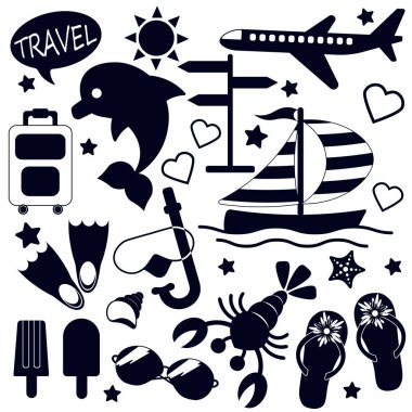 Siyah seyahat, tatil, seyahat ve tatil simgeleri beyaz arka planda izole edilmiş plajda.
