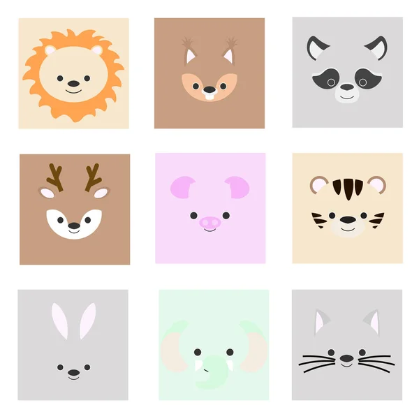 Set Cute Simple Squared Animal Faces Lion Squirrel Raccoon Deer — Stock Photo, Image